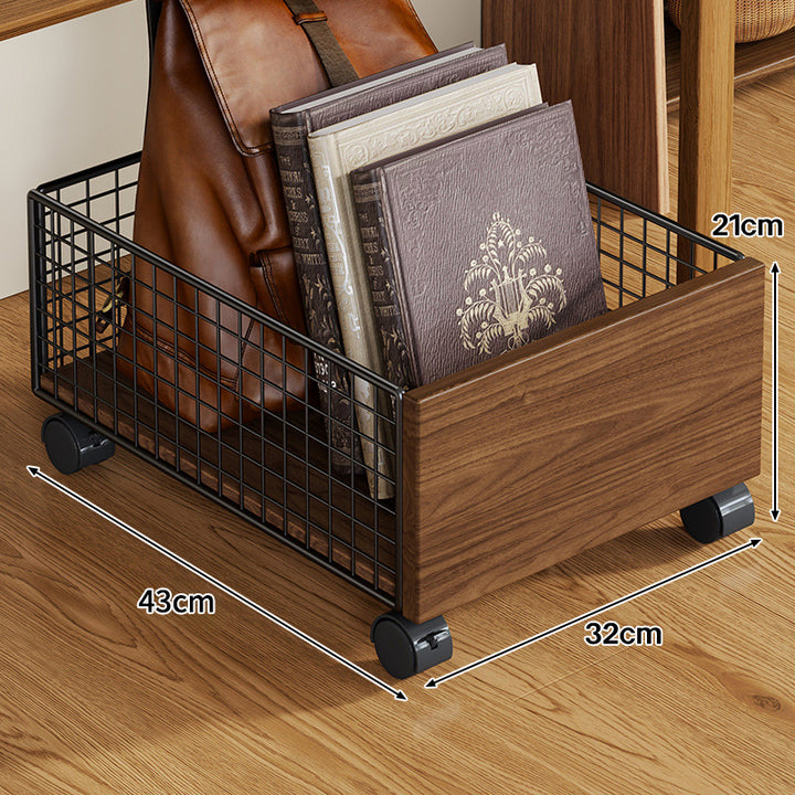 Under-Desk Rolling Storage Drawer with Wood Front and Metal Mesh Sides