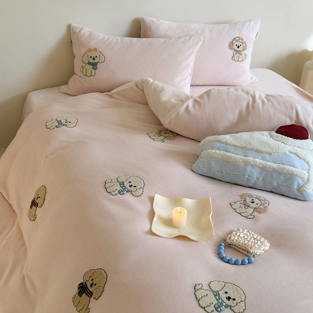 Embroidered Puppy Motif Cotton-Sateen Duvet Cover Set