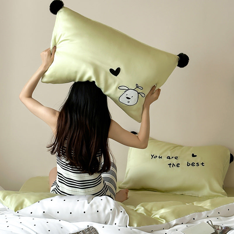 Cotton satin bedding set with heart allover, cute cat embroidery and pompom pillow
