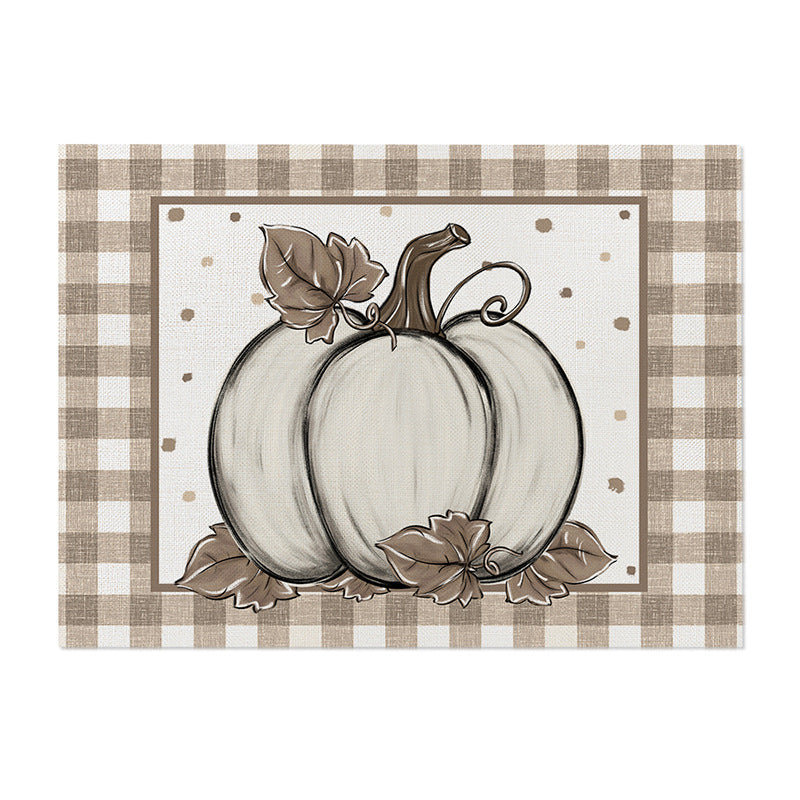 Rectangular Linen-Texture Table Placemat with Watercolor White Pumpkin & Fall Foliage Print