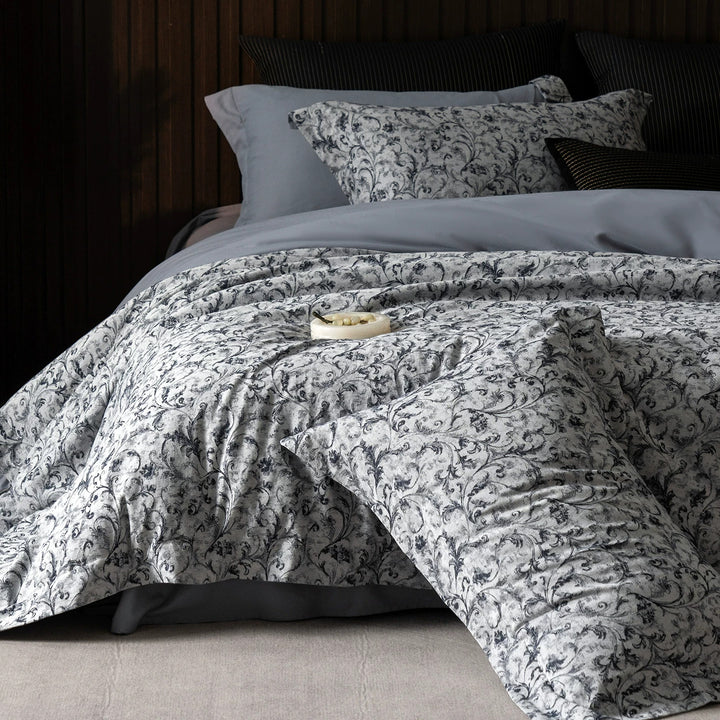 Luxury Cotton Sateen Reversible Duvet Cover Set with Scrolled Jacquard Print and Tailored Hem