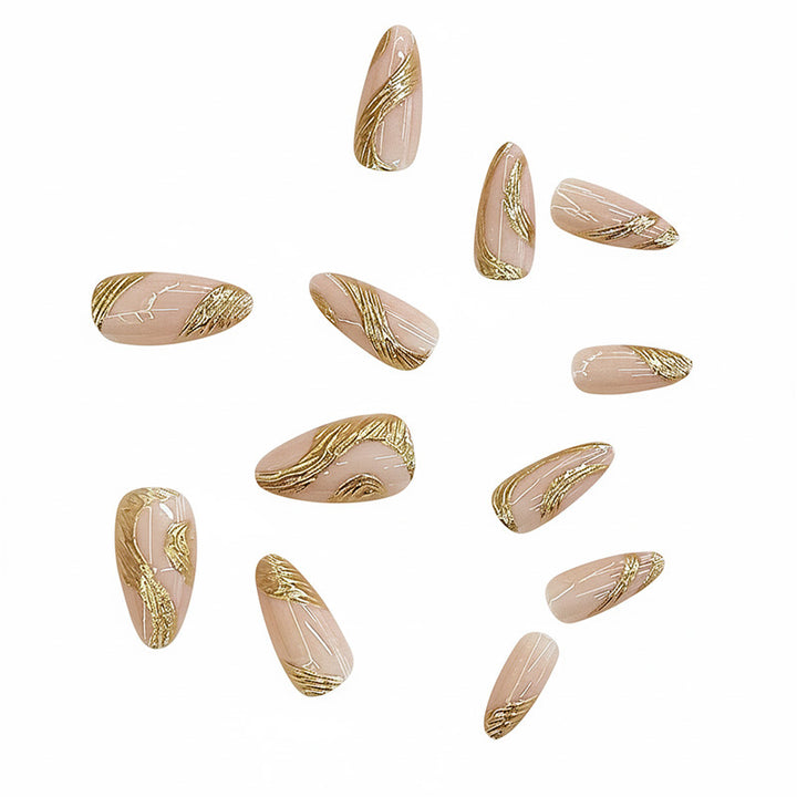 Artistic Press-On Nail Set with Gold Swirl Design Stornfield
