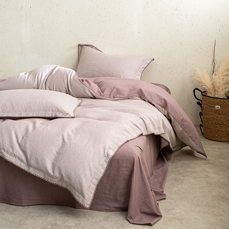 Linen-Cotton duvet cover set with fine striped texture and decorative trim