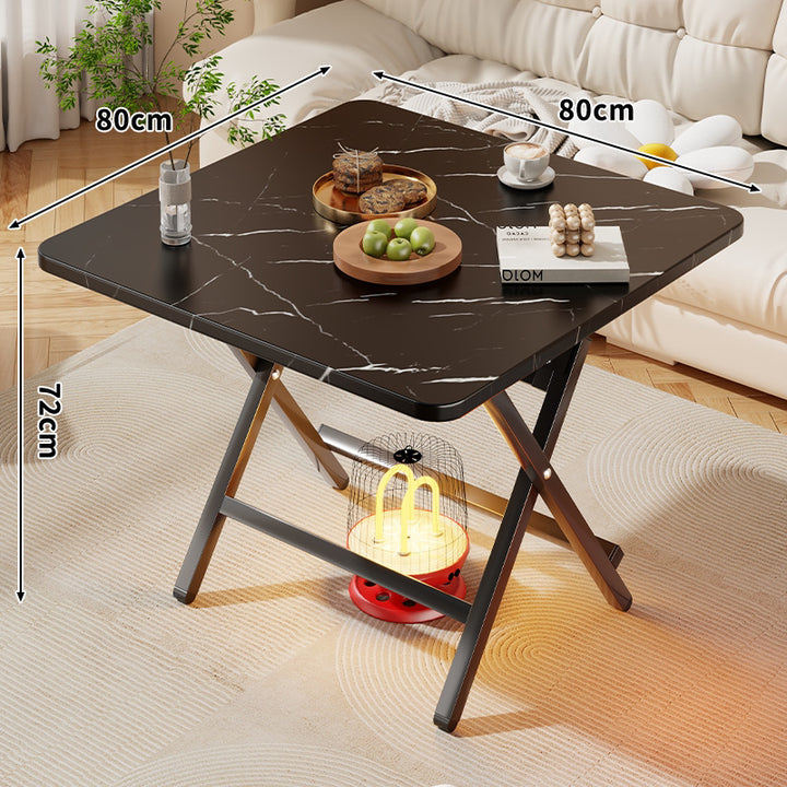 Square Foldable Marble-Effect Coffee Table with Cross-Leg Metal Frame