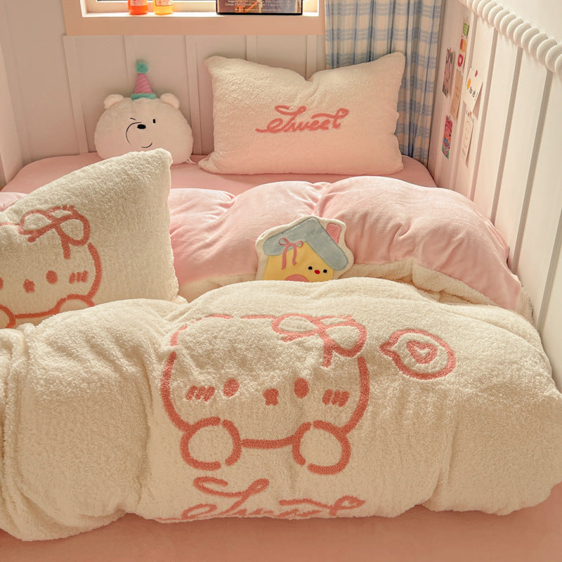 Plush Sherpa Reversible Comforter and Pillowcase Set with Kawaii Embroidered Motif