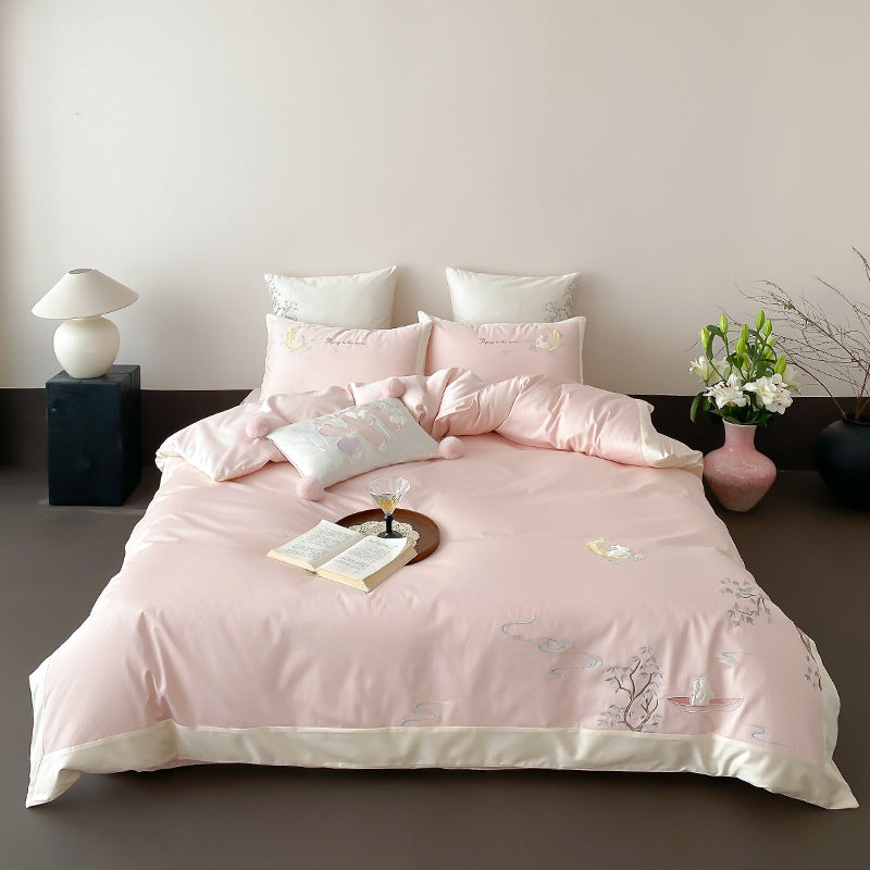 Luxury Cotton-Sateen Embroidered Duvet Cover Set with Satin Hem & Decorative Pillow Shams