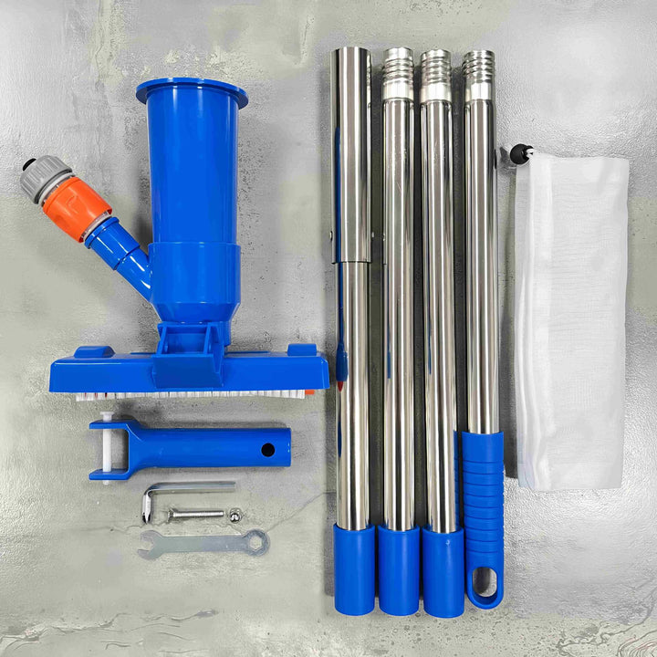Telescopic stainless steel pool vacuum kit with brush head and fine mesh leaf bag Stornfield