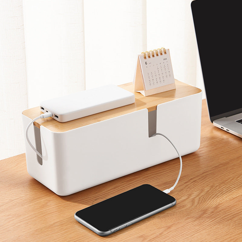 Cable storage box with bamboo lid and socket concealment