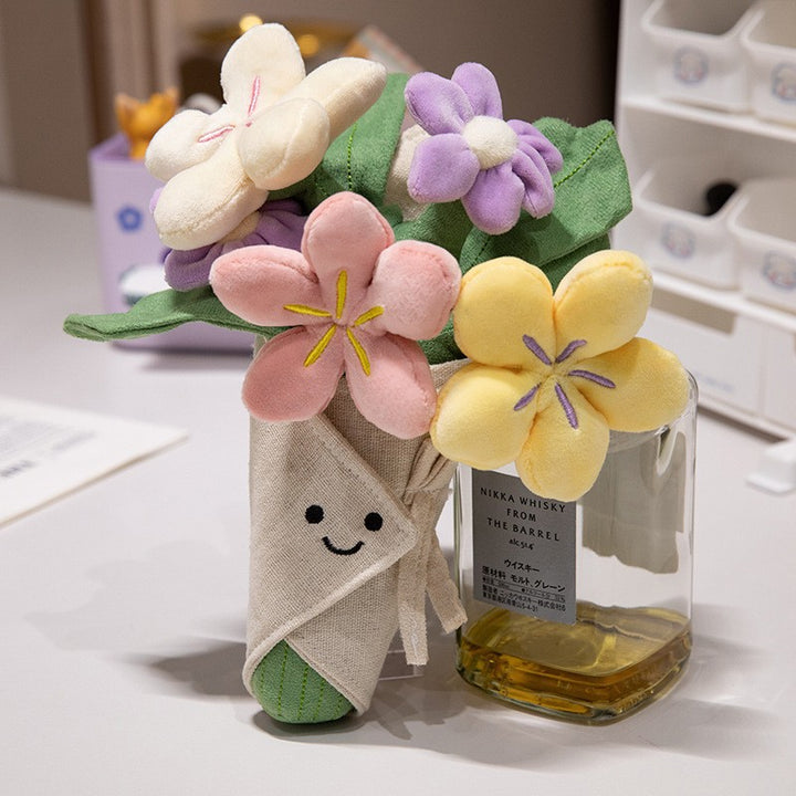 Plush Flower Bouquet Decorative Soft Toy with Embroidered Face and Removable Burlap Wrap Stornfield