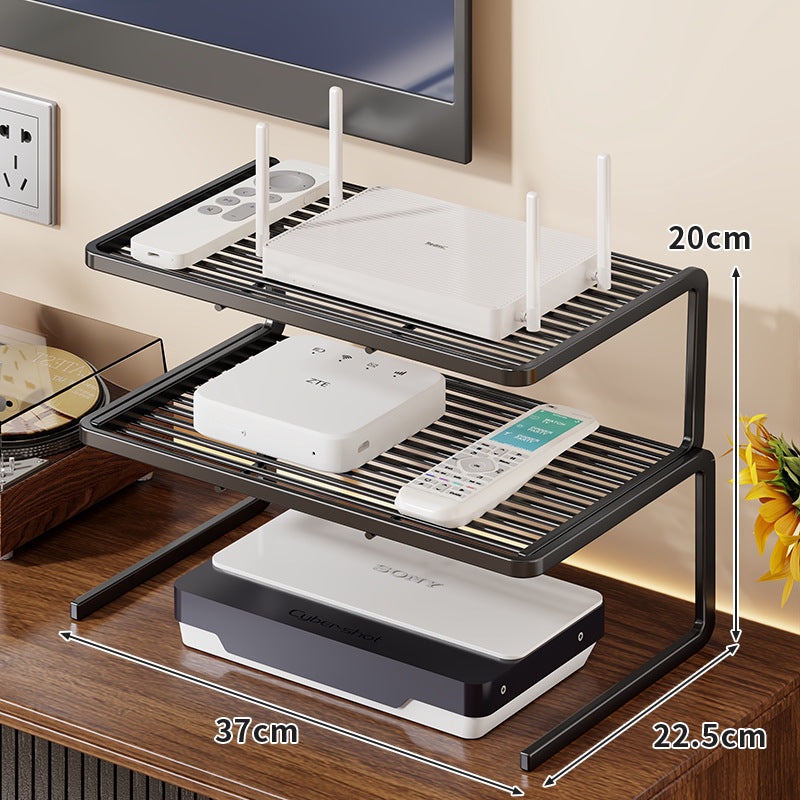 Two-Tier Ventilated Metal Electronics Organizer Shelf for Routers, Set-Top Boxes and Remotes