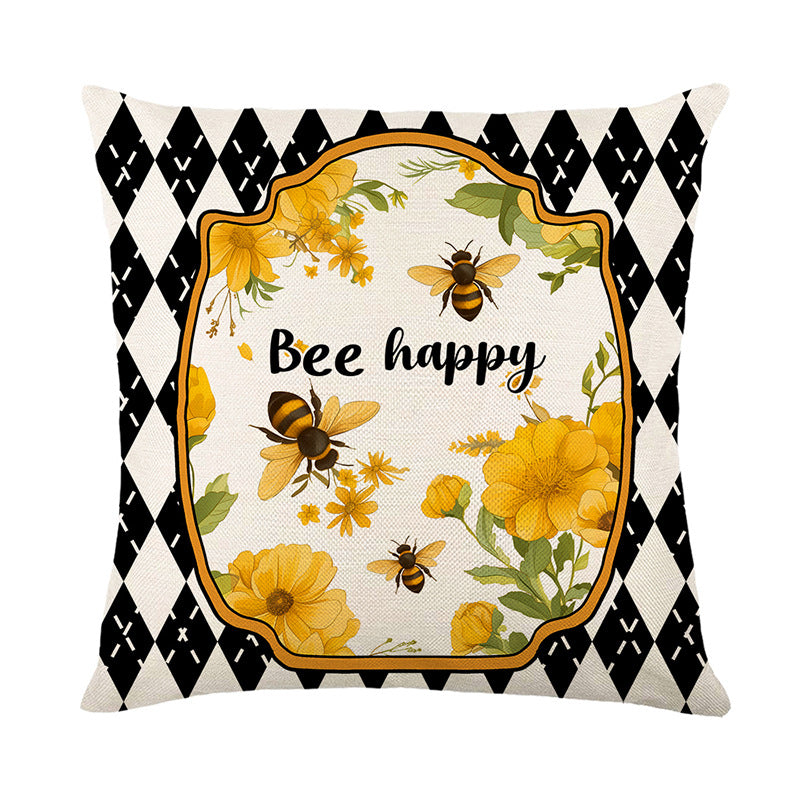 Square Decorative Cotton-Linen Throw Pillow Cover with Beehive Honeylife Illustration