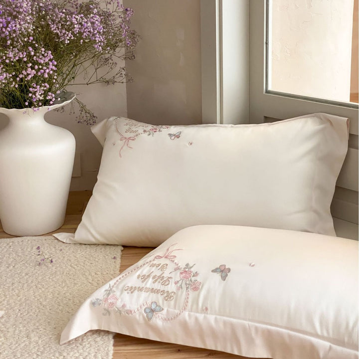 Silk-Feel Satin Embroidered Butterfly and Floral Duvet Cover Set with Pillowcases