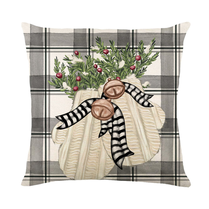 Decorative Plaid Basket Holiday Throw Pillow Cover with Botanical Cedar Sprigs and Striped Bow Accent