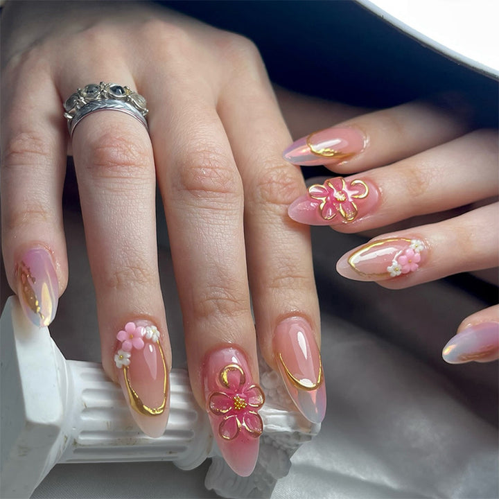 Decorative Press-On Nail Art Set with Elegant Floral and Gold Accents Stornfield