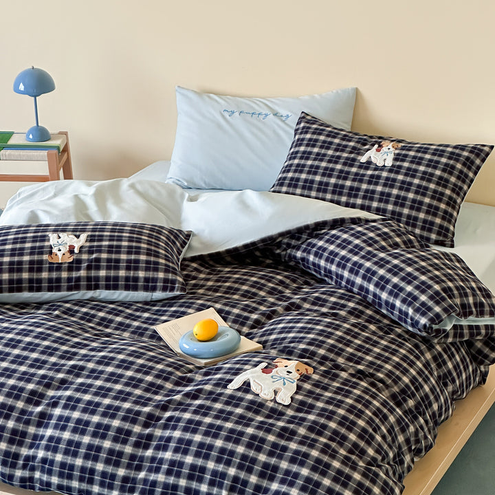 Reversible Plaid Cotton Duvet Cover Set with Puppy Appliqué