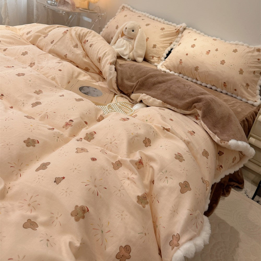 Reversible Sherpa-Back Duvet Cover Set with Gingerbread Print and Pom-Pom Trim