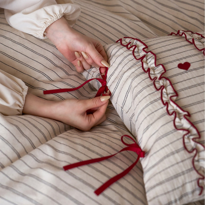 Striped Cotton-Linen Ruffled Heart-Embroidered Duvet Cover Set