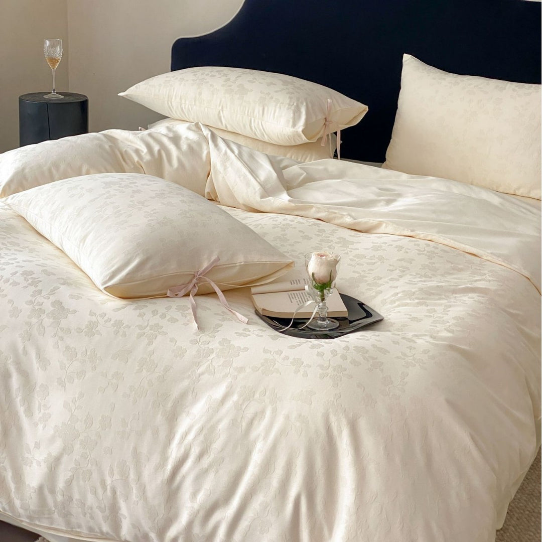 Floral Jacquard Satin-Feel Duvet Cover Set with Tie-Closure Pillow Shams