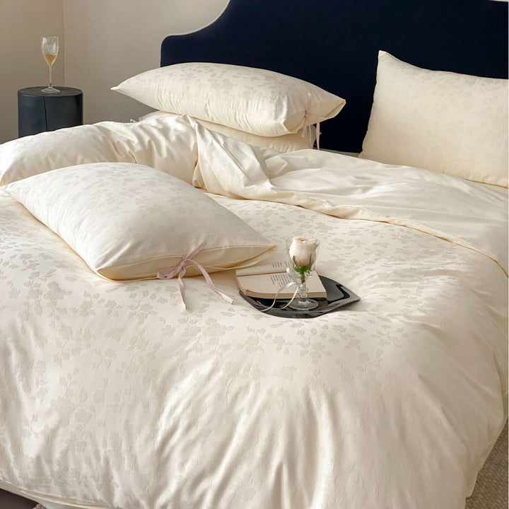 Floral Jacquard Satin-Feel Duvet Cover Set with Tie-Closure Pillow Shams