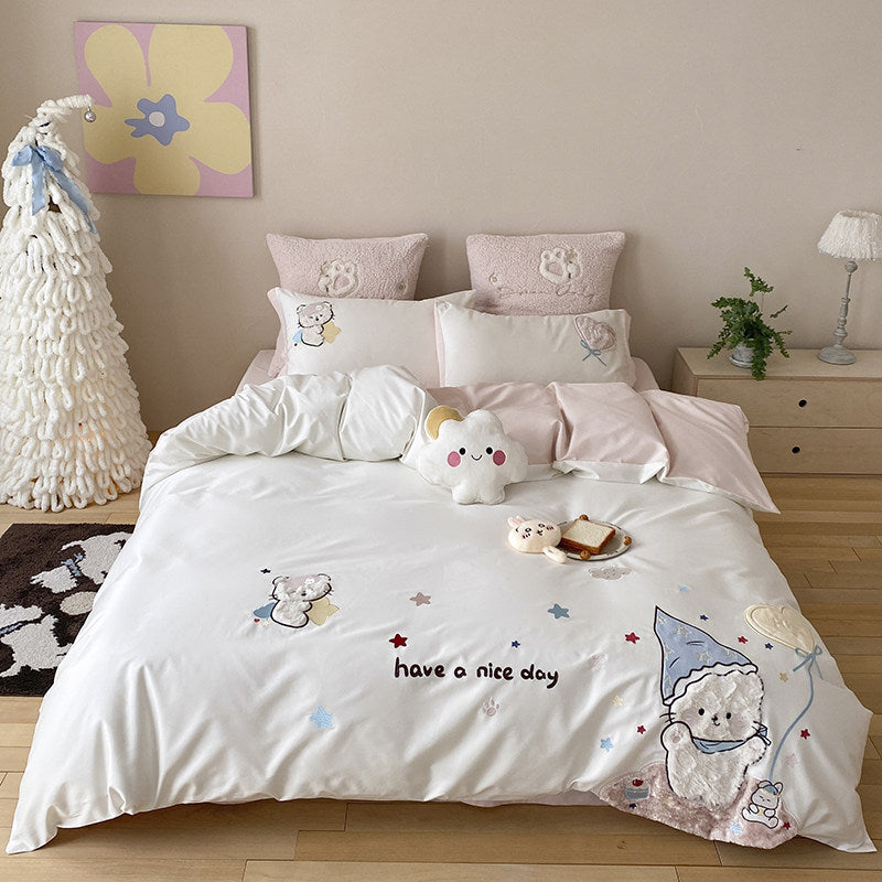 Embroidered Cotton Duvet Cover and Pillowcase Set