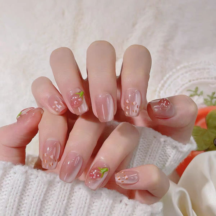 Artisanal Press-On Nail Set with Floral and Fruit Designs Stornfield