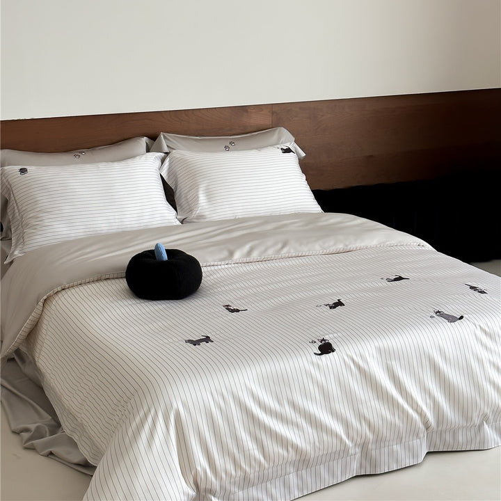 Cotton Sateen Striped Duvet Cover Set with Playful Cat Embroidery & Reversible Shams