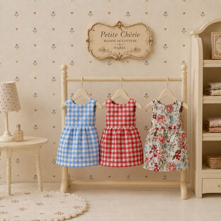 Handcrafted Linen-Style Mouse Soft Toy with Three Removable Cotton Dresses