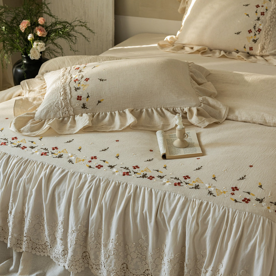 Embroidered Linen Ruffled Bedspread Set with Lace Trim
