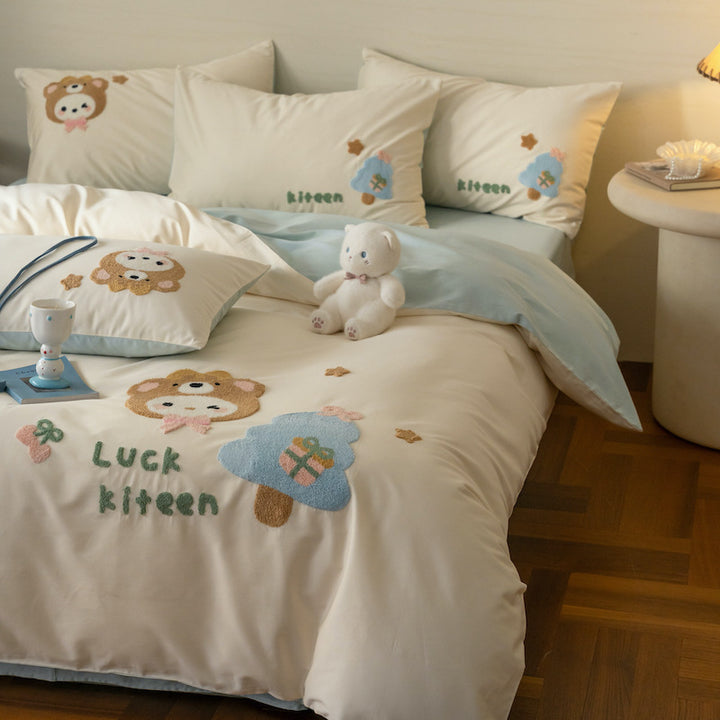 Embroidered Plush Appliqué Cotton Duvet Cover Set with Reversible Lining