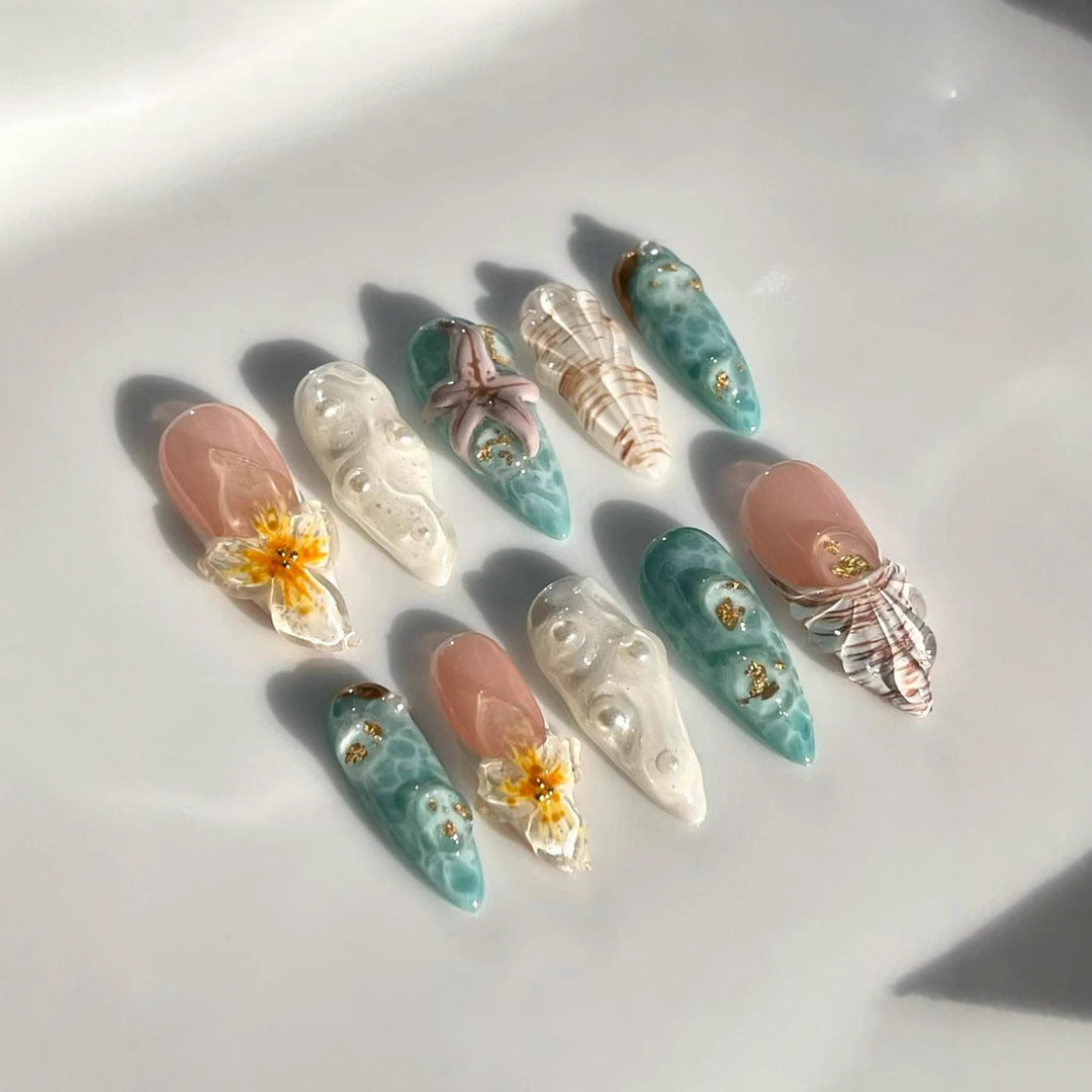 Ocean-Inspired 3D Decorative Press-On Nail Set Stornfield