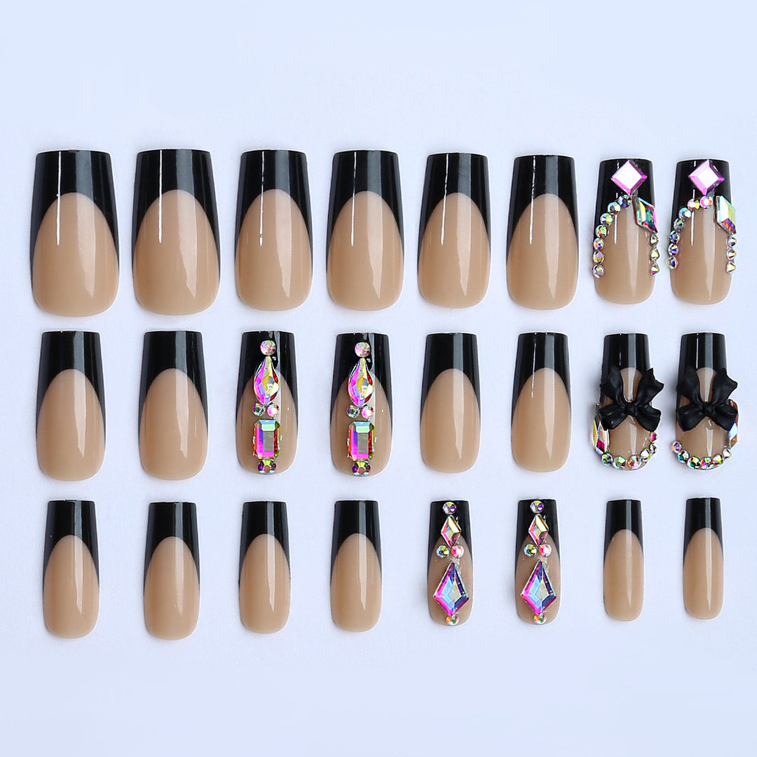 Glamorous artificial nail set with sparkling rhinestone and bow decorations Stornfield