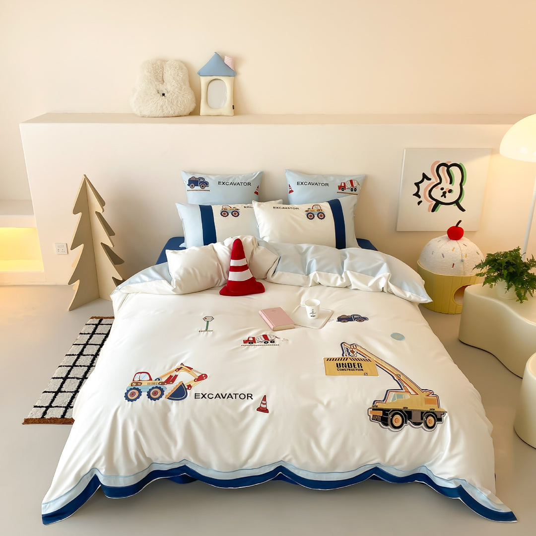 Construction-Themed Cotton Duvet Cover and Pillowcase Set with Truck Appliqué and Scalloped Hem