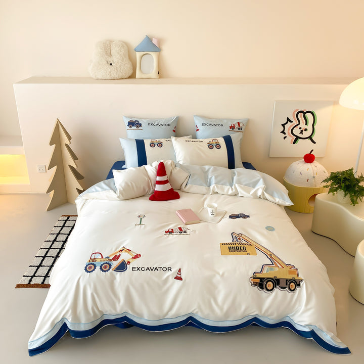 Construction-Themed Cotton Duvet Cover and Pillowcase Set with Truck Appliqué and Scalloped Hem