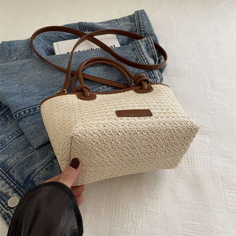 Woven Straw Tote Handbag with Leather Accents