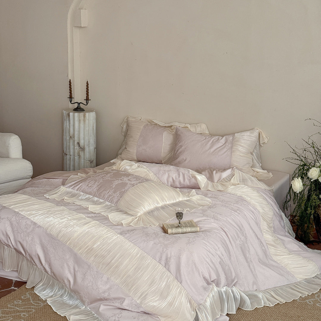 Ruffled Satin-Trim Jacquard Duvet Cover Set