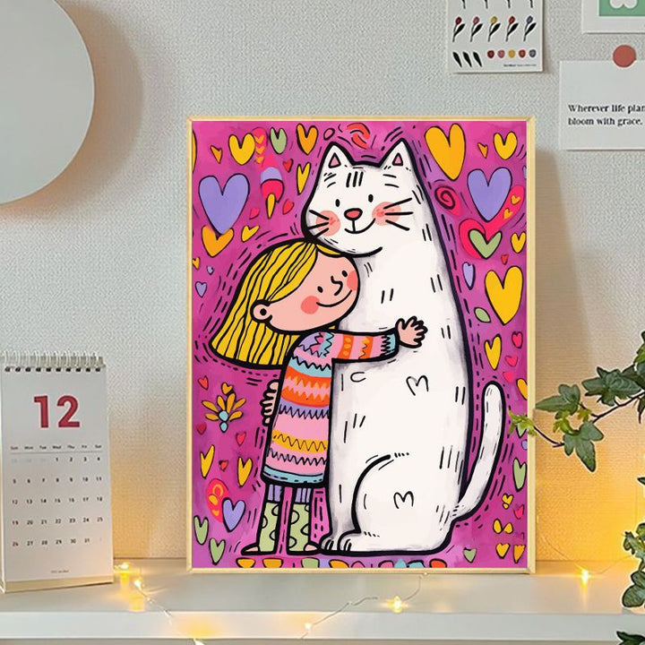 Playful Cat and Girl Illustration Canvas Art Stornfield