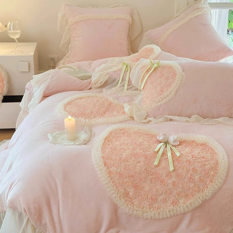 Romantic Heart Appliqué Ruffled Duvet Cover and Decorative Pillow Set