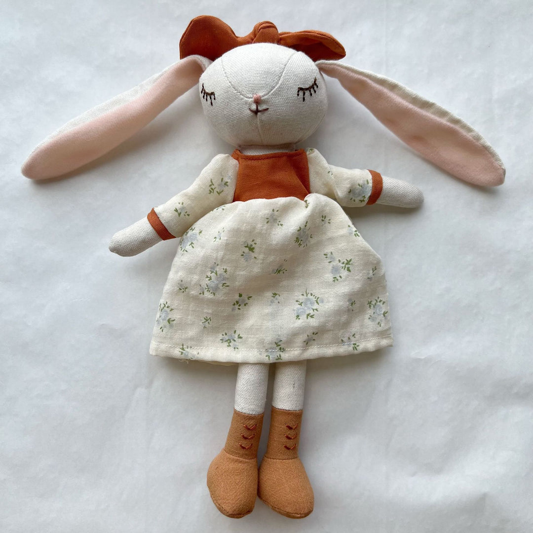 Handcrafted Organic Cotton Bunny Doll with Linen Jacket and Plaid Shorts