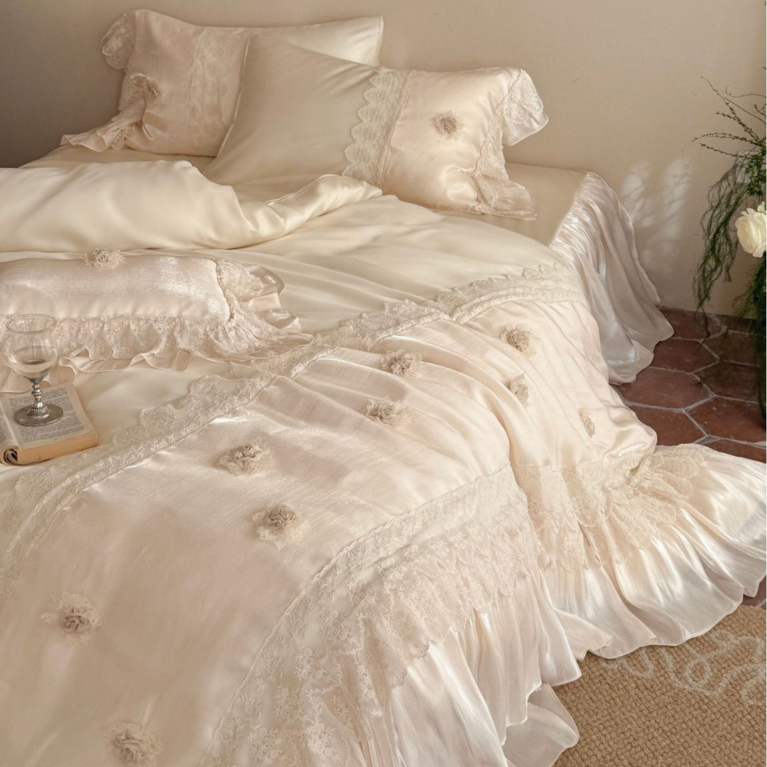 Lace-Trimmed Satin Ruffled Duvet Cover Set with Rosette Pillow Shams