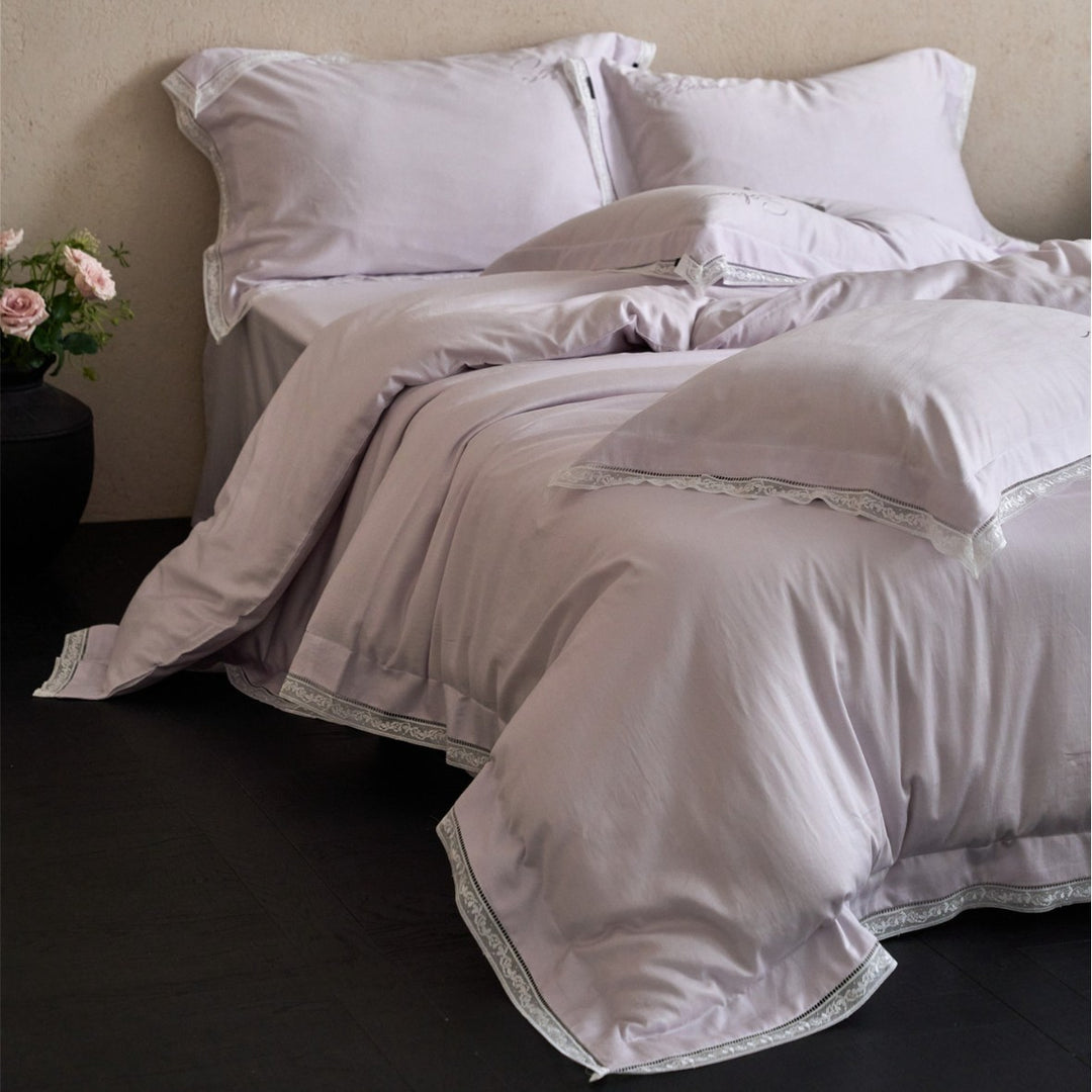 Luxury Cotton Sateen Duvet Cover Set with Embroidered Lace Hem