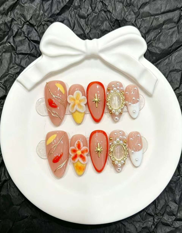Decorative Press-On Nail Art Set with Floral and Whimsical Designs