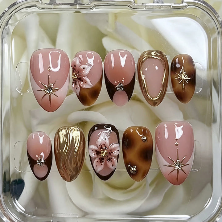 Artistic Press-On Nail Set with Floral and Gold Accents Stornfield