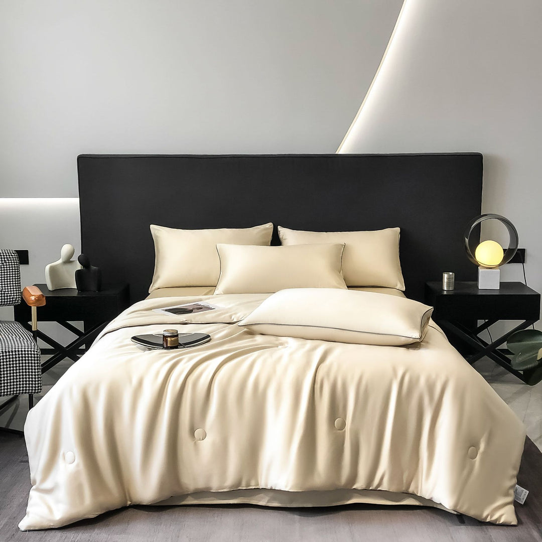 Silk cotton satin bedding cover with quilted comfort edge and pillowcases
