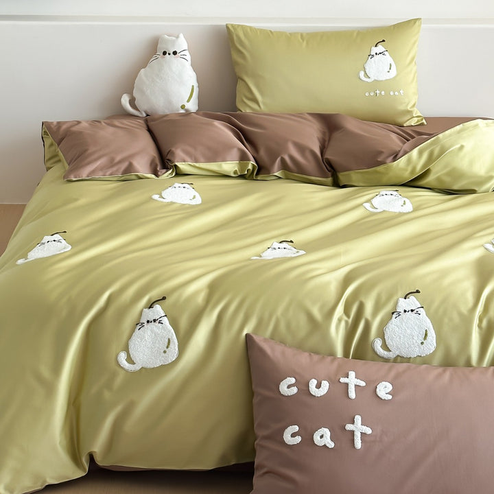 Embroidered Cute Cat Reversible Satin Duvet Cover Set with Pillowcases