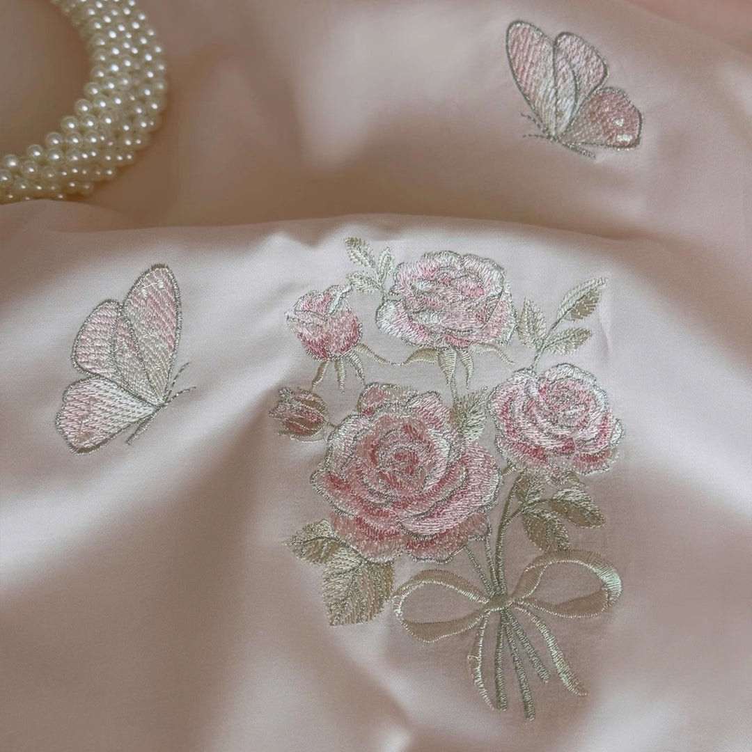 Romantic Embroidered Cotton-Sateen Ruffled Duvet Cover Set with Cylinder Bolster and Ruffled Oxford Shams