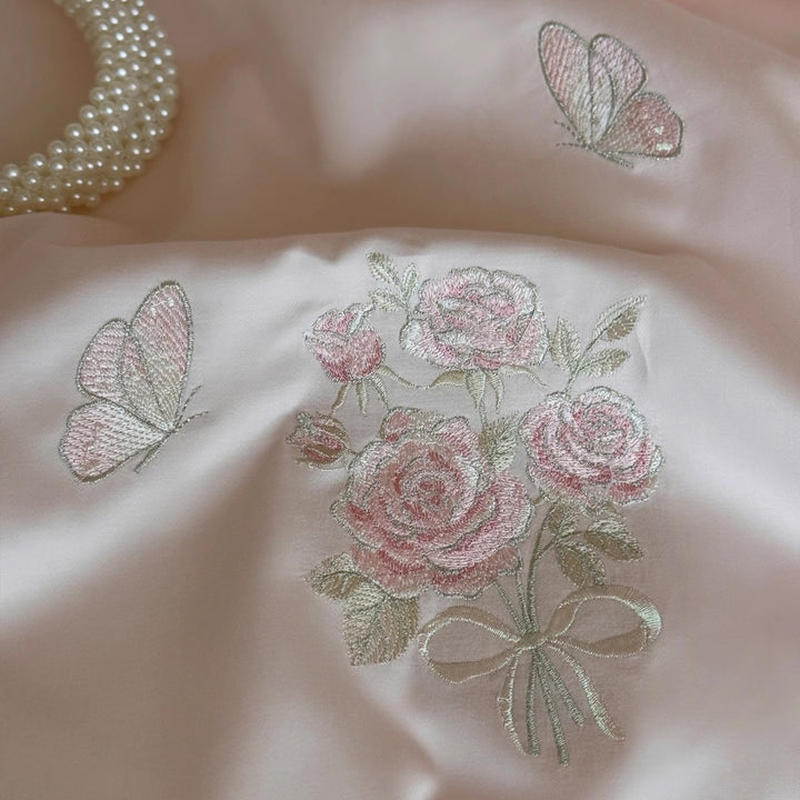 Romantic Embroidered Cotton-Sateen Ruffled Duvet Cover Set with Cylinder Bolster and Ruffled Oxford Shams