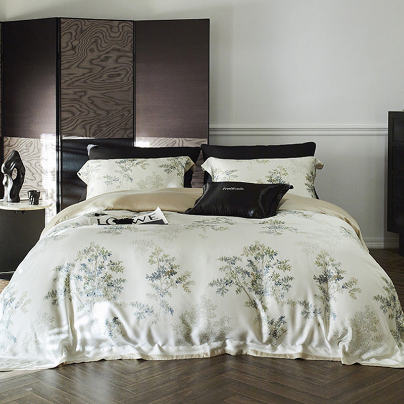 Luxurious cotton satin bedding set with fine botanical branch pattern and silky-soft touch
