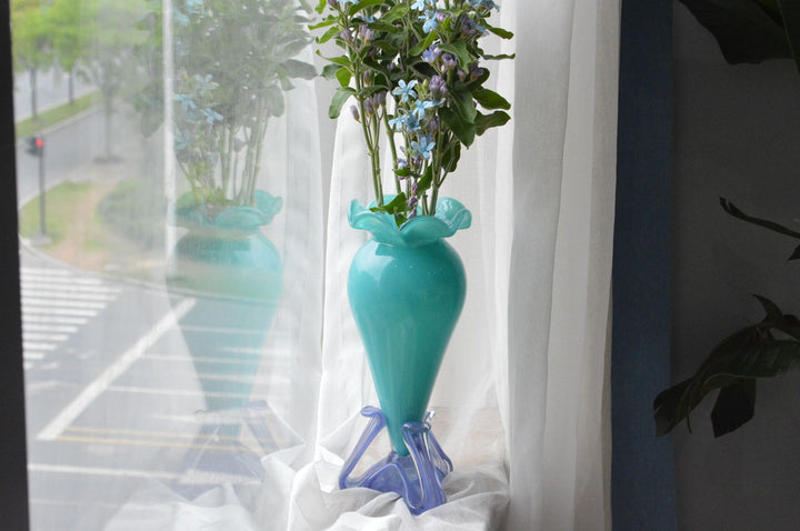 Handblown Fluted Pedestal Art Glass Trumpet Vase Stornfield