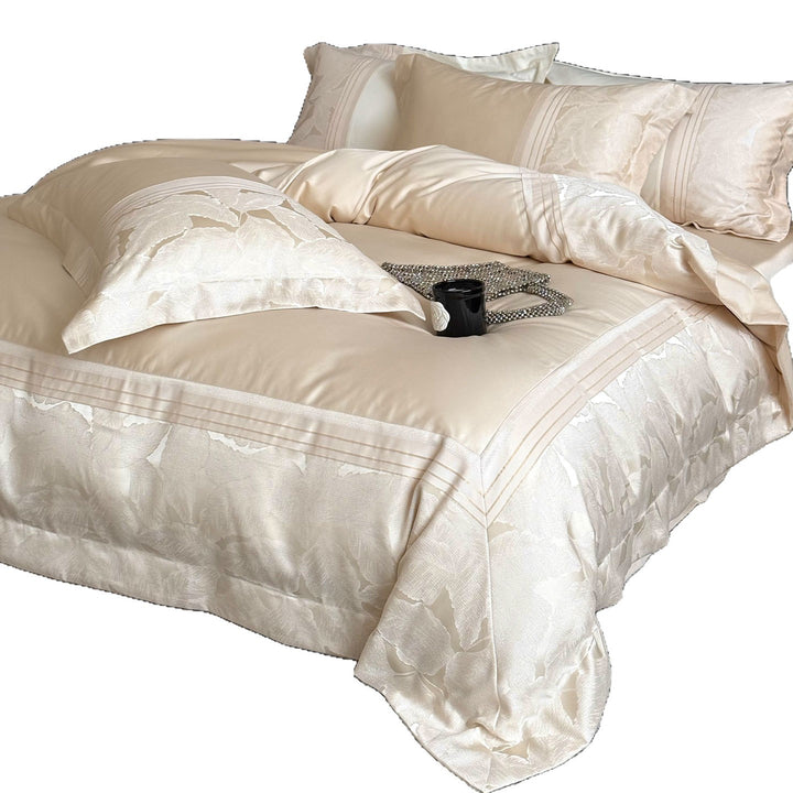 Luxury Satin Jacquard Floral Duvet Cover Set with Pleated Bed Skirt