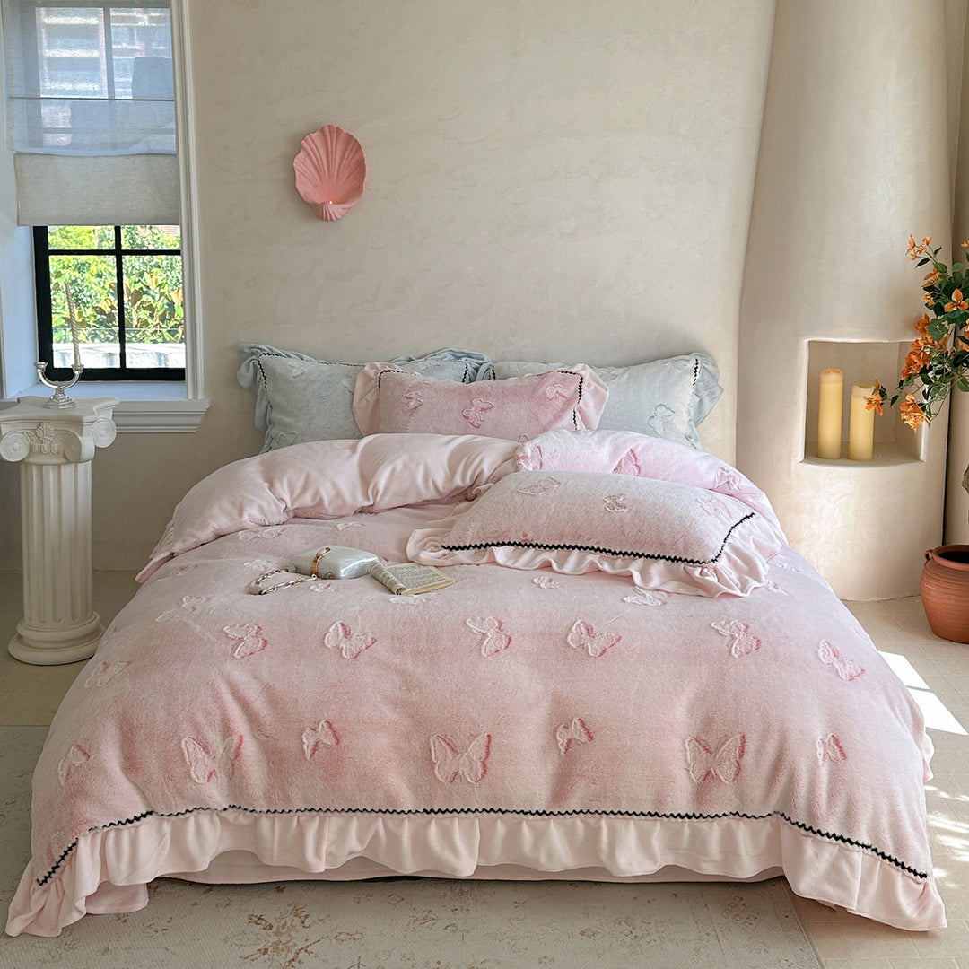 Embroidered Butterfly Ruffled Linen-Blend Duvet Cover Set with Decorative Pillow Shams